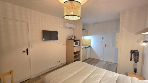 ジョンザックにあるStudio Cosy 1persのベッドルーム(ベッド1台、テレビ、ドア付)