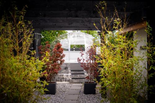 a garden with a greenhouse and some plants at Cherry Tree Lodge in Limavady