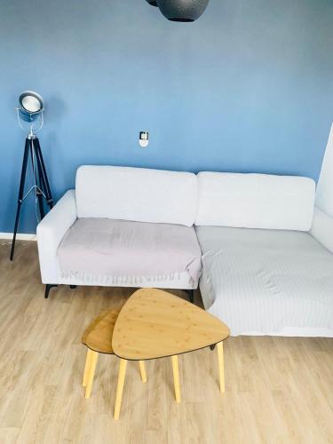 un salon avec un canapé blanc et une table basse en bois dans l'établissement Appartement F2, à Gonfreville-l'Orcher