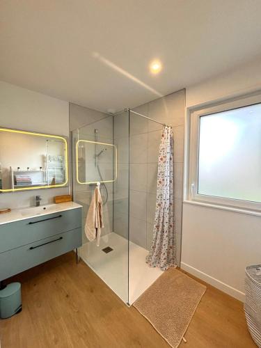 a bathroom with a shower and a sink and a window at Gîte des Peupliers in Courlay