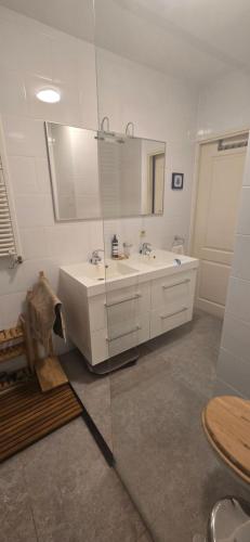 a bathroom with a sink and a mirror at Spacious Room with private king bathroom in Amsterdam