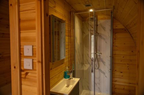 a bathroom with a shower and a sink at livi pod Woodland lake in Carlton Miniott