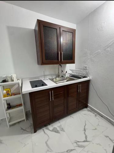a kitchen with wooden cabinets and a sink at Hospedaje paz y amor in San Juan