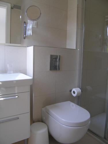 a bathroom with a toilet and a sink and a shower at Apartments Mon Amour in Dubrovnik