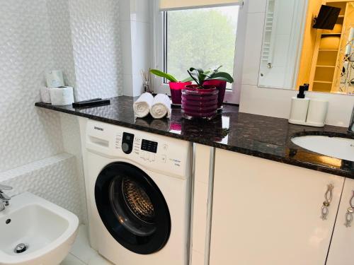 a bathroom with a washing machine and a sink at Apartament new in Chişinău