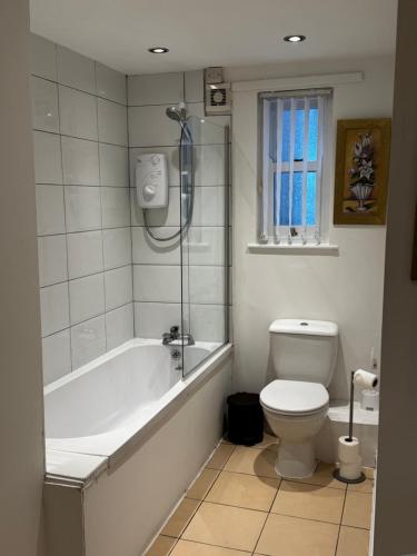 a bathroom with a tub and a toilet and a shower at No 4 AT SANDRINGHAM - LARGE 2 BED NEAR SEFTON PARK in Liverpool