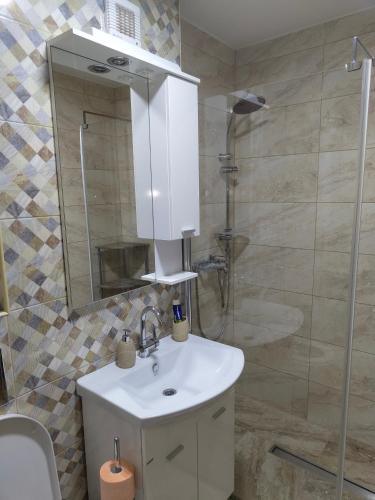 a bathroom with a white sink and a shower at Luxury Heaven Vogošća in Vogošća