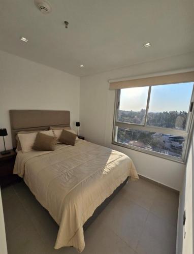 アスンシオンにあるDpto en Barrio Las Lomas 4Dの大きなベッドと大きな窓のある寝室