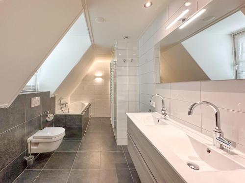 a bathroom with a sink toilet and a mirror at Happy Beach 48 in Colijnsplaat