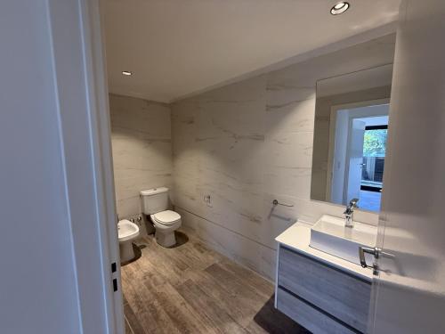 a bathroom with a toilet and a sink and a mirror at Nogales Apartamentos in Mar del Plata
