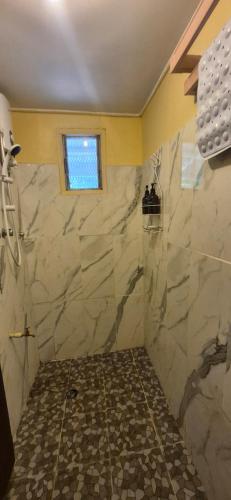 a bathroom with a marble shower with a window at ABM Court Apartments in Nadi