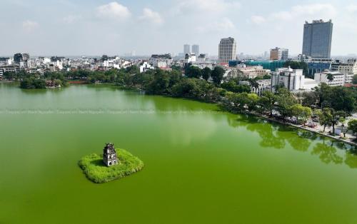 a small island in the middle of a green lake at Nhà nghỉ Minh Quảng in Hanoi