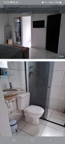 ein Badezimmer mit Toilette und Waschbecken in der Unterkunft Casa linda in Ananindeua