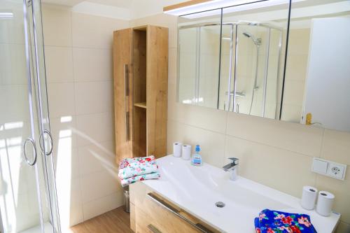 a bathroom with a sink and a shower at Villa Leni - Premium Apartments in Bad Ischl