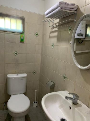 a bathroom with a toilet and a sink and a mirror at Vila Kuntum Bogor- 3BR Cozy House dekat Kuntum Farmfield in Ciawi