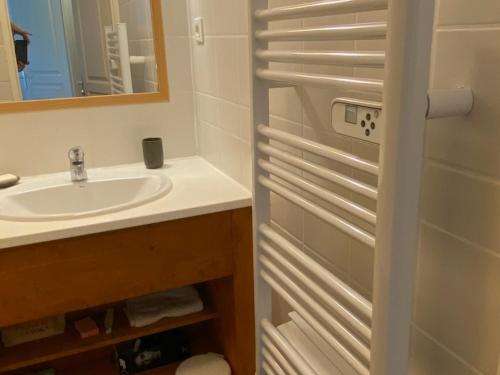 une salle de bain avec un lavabo et un miroir dans l'établissement Appartement cosy 4 pers. – Balcon, parking - FR-1-814-166, à Chastreix