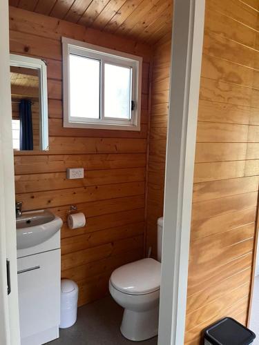 a bathroom with a toilet and a sink and a window at Griffith Caravan Village in Yoogali