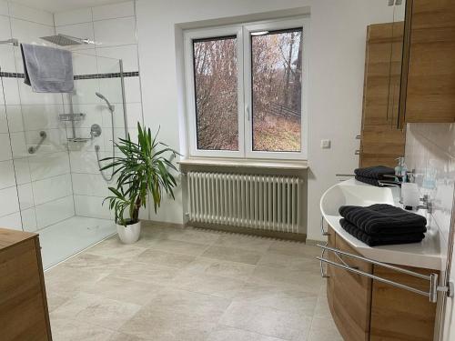 a bathroom with a sink and a shower and a plant at Ferienhaus Heiligenmühle in Leinburg