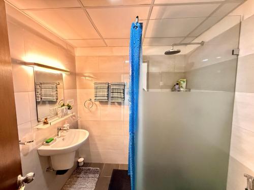 a bathroom with a shower and a sink at Colombo City Escape 2BR Apartment - Nugegoda in Nugegoda