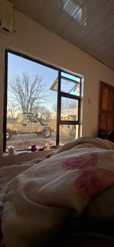 een slaapkamer met een groot raam met een vrachtwagen erbuiten bij DREAMS INN guest house in Maun