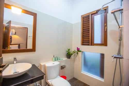 a bathroom with a toilet and a sink and a mirror at Villa D8 in Mirissa