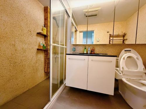 ein Badezimmer mit Toilette, Waschbecken und Dusche in der Unterkunft 蹦噠噠包棟民宿 in Tainan