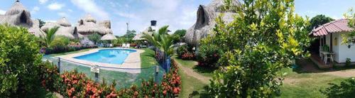 a resort with a swimming pool in a yard at Palomino Breeze Hostal in Palomino