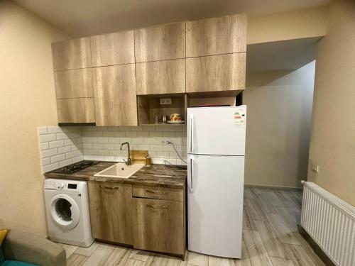 a kitchen with a white refrigerator and a washing machine at Snow Forest ԲԱԿՈՒՐԻԱՆԻ-ბაკურიანი-BAKURIANI in Bakuriani