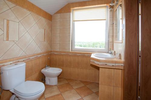 łazienka z toaletą, umywalką i oknem w obiekcie Agroturystyka nad Jeziorem Gaładuś w mieście Dusznica