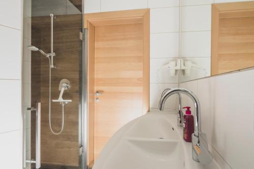a bathroom with a sink and a shower at Haus Sylvia in Mariapfarr