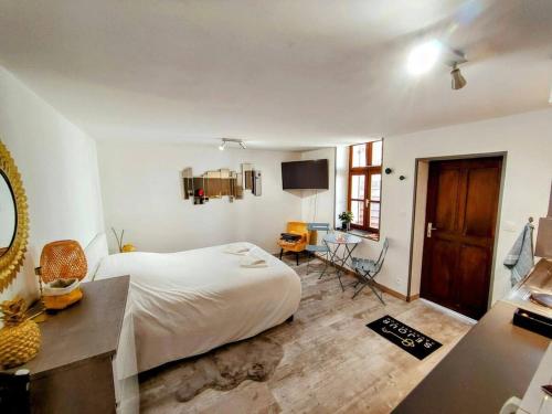 a bedroom with a bed and a desk and a television at Studio, Rez de Chaussée, Extérieur, 2 personnes in Auxerre