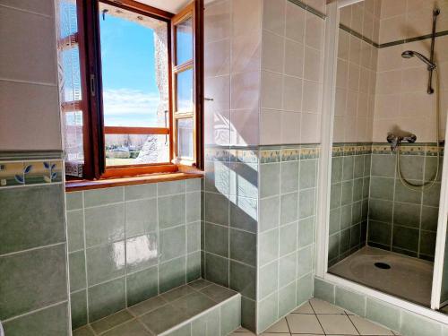 a bathroom with a shower and a window at Gîte de Saint-Gervais in Saint-Gervais