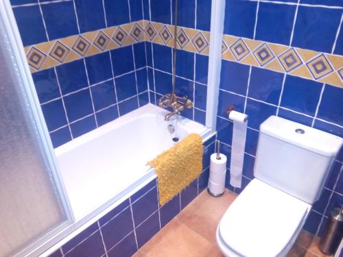 y baño de azulejos azules con aseo y bañera. en Chalet Cuzcurrita, en Cuzcurrita de Río Tirón
