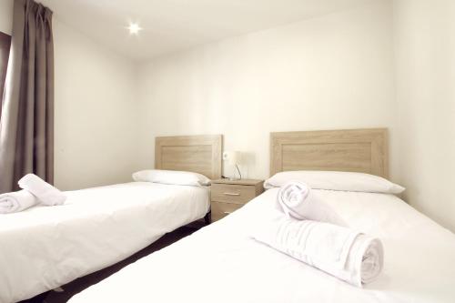 Habitación con 2 camas individuales y paredes blancas. en Puerta de la Catedral, en Toledo