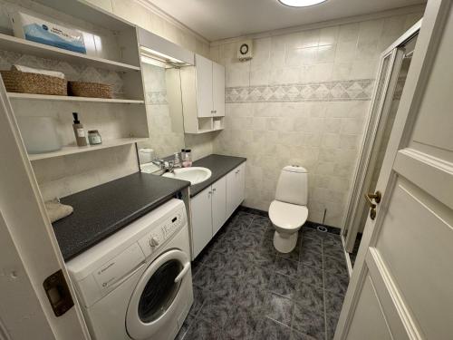 a bathroom with a toilet sink and a washing machine at Cozy and centrally located apartment in Tromsø