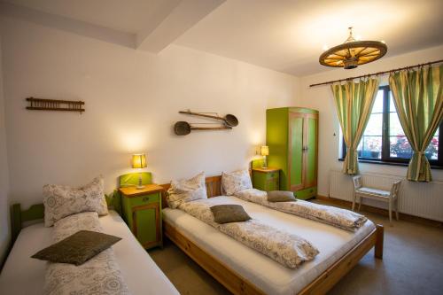 a bedroom with two beds and a window at Casa Mosului - Transfăgărășan Bed & Breakfast in Cîrţişoara