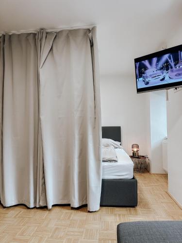 a bed with a canopy in a room with a flat screen tv at Traunsee Design Apartment for 2 People in Gmunden