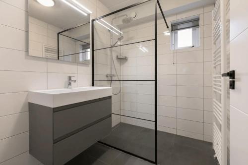 a bathroom with a sink and a glass shower at Esdorp Bungalow | 6 personen in Hooghalen