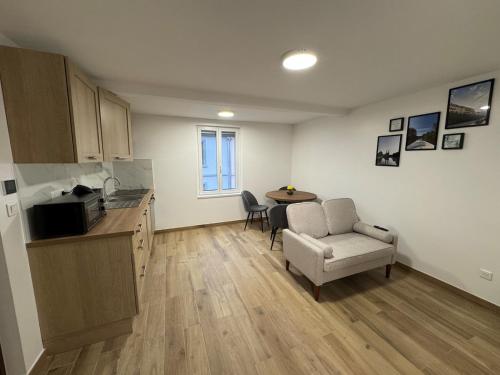 cocina y sala de estar con sofá y silla en La Tranquillité Citadine, en Schiltigheim