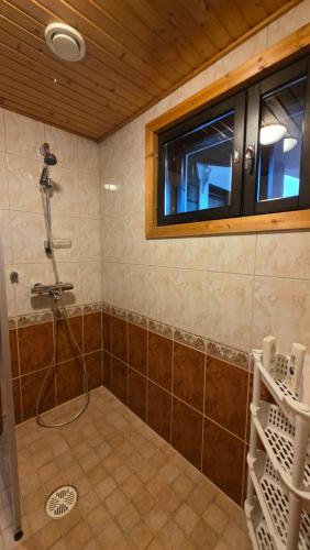 a bathroom with a shower and a window at Lakeside Hideaway in Rovaniemi