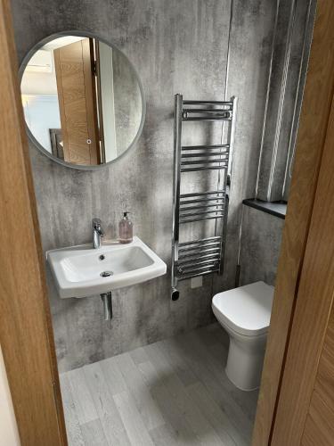 a bathroom with a sink and a mirror and a toilet at Royal Oak Guesthouse in Orkney