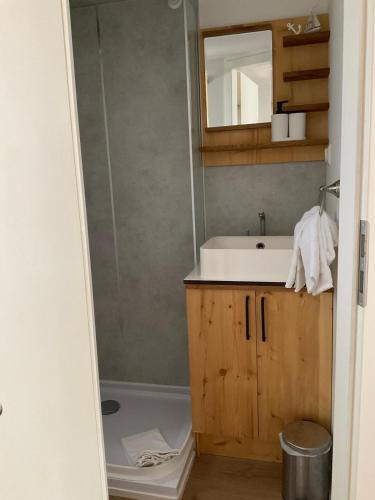a bathroom with a sink and a mirror and a tub at Tiny House Ruhr im PIER9 Tiny House Hotel in Hamm