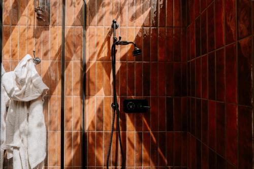a shower in a bathroom with red tiles at Lov'nid 'spa & sauna' in Domme