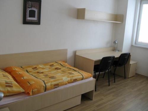 1 dormitorio con 1 cama, mesa y sillas en Uninova Hostel, en Bratislava