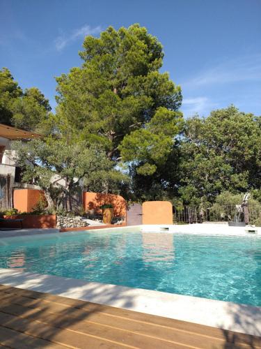 una piscina con alberi sullo sfondo di La cabane du Ventoux a Saint-Hippolyte-le-Graveyron