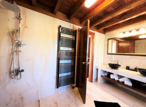 a bathroom with a shower and a sink and a mirror at Onirozo Koroni Private Villa in Koroni