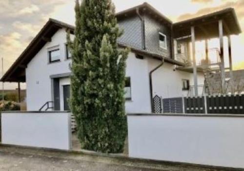 a white house with a tree in front of it at Panoramablick Donnersberg in Dannenfels