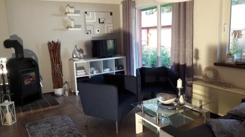 a living room with a couch and a table and a fireplace at Ferienwohnung am Malchiner See mit Boot und Kanu in Seedorf