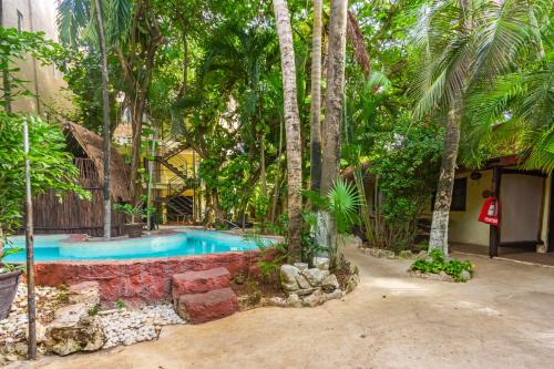 プラヤ・デル・カルメンにあるHotel B&B - Playa del carmenのヤシの木のある庭園のプール