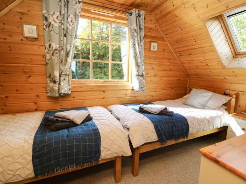 two beds in a log cabin with a window at Dan Y Coed in Discoed